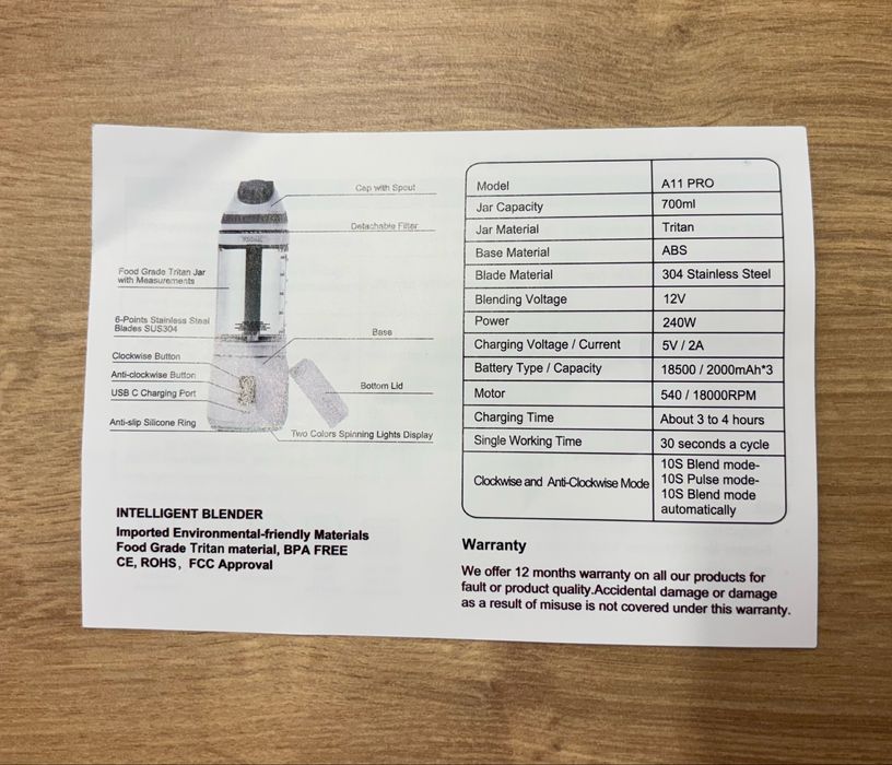 Stormix A11 PRO 700Мл-портативний USB блендер Tritan 240Вт, 6000Mah
