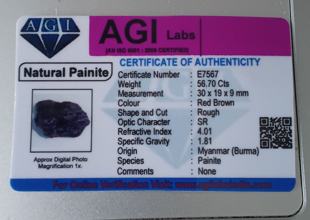 PEDRA RARA de Coleçao  PAINITE  com certificado  56.70 Ct