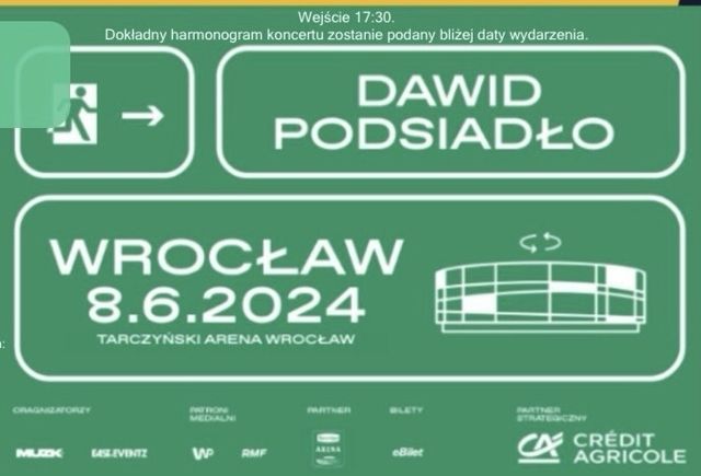 Bilety 2 szt  na koncert Dawid Podsiadło we Wrocławiu 8 czerwiec 2024