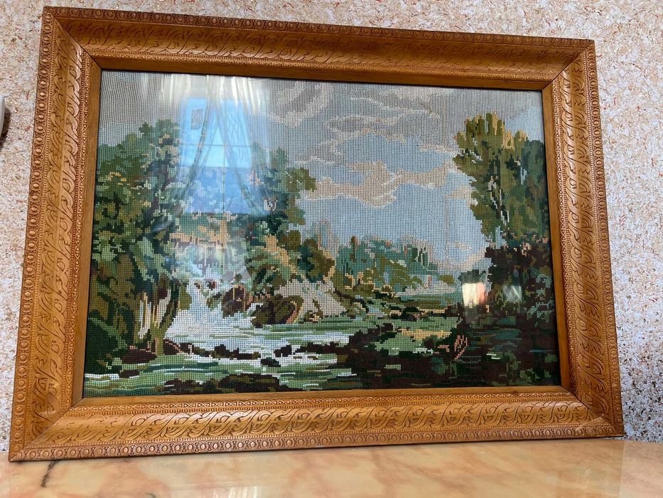 Stylowy Obraz Haftowany Rękodzieło * Vintage * B84