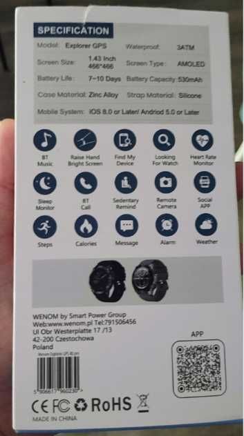 Sportowy smartwatch Wenom Explorer z GPS i pomiarem tlenu SpO2 NOWY fv