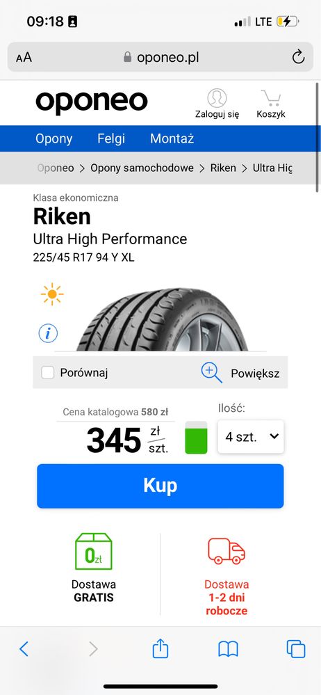 225/45/17 letnie riken 2024r montaż