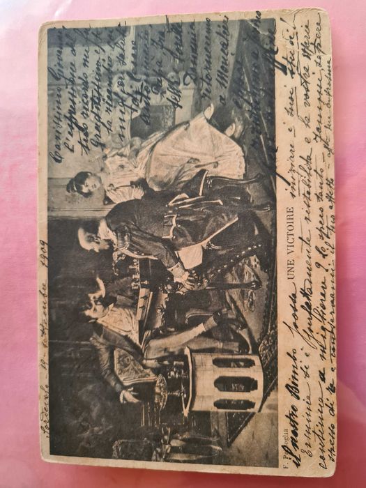 Pocztówka ze znaczkiem, 1909r, scenka rodzajowa, oryg. zapiski, Włochy