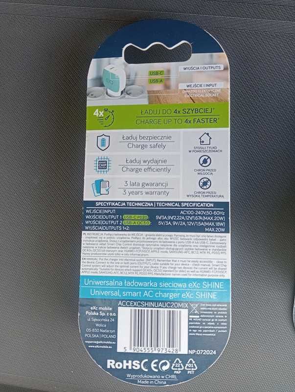 Trzy eXc ładowarki sieciowe SHINE 1xUSBA QC + 1xUSBC PD 20W