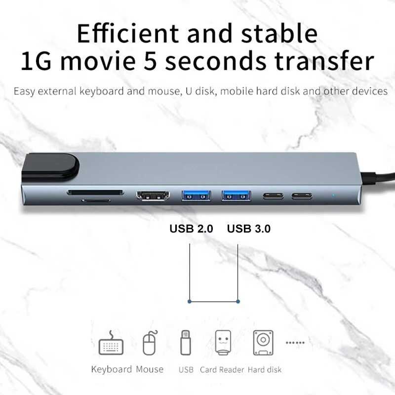 Адаптер Usb type c Hub 8 в 1 HDMI PD card reader SD TF RJ45 macbook 4K