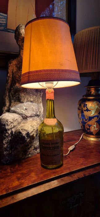 Stara lampa stołowa zielona butelka po Calvadosie Francja dekor unikat