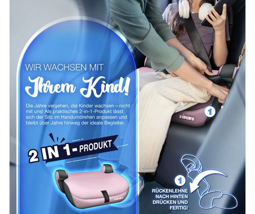 Fotelik samochodowy KIDUKU 9-36 kg, nowy, regulowany, szaro rozowy