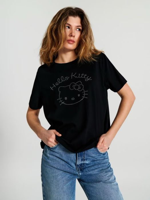 Koszulka t-shirt na krótki rękaw z kryształkami Hello Kitty Sinsay XXS
