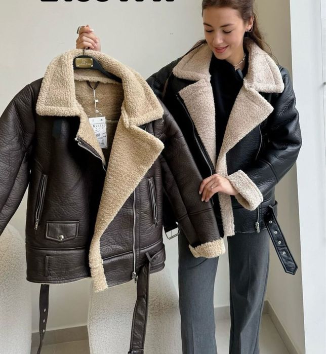 Женская дубленка авиатор S-L черный,шоколад Жіноча дублянка авіатор