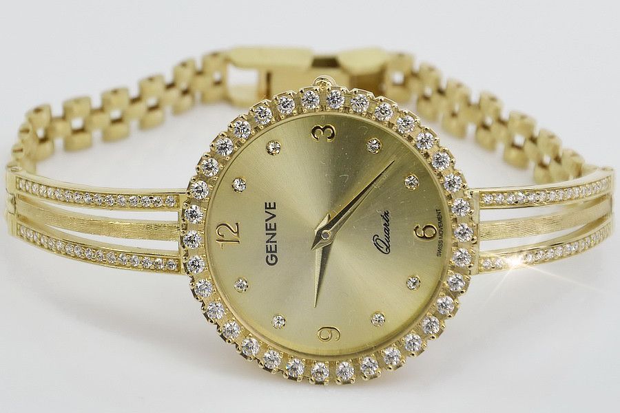 Złoty Okrągły Zegarek Damski 14K 585 Geneve z Kamieniami Gdańsk lw107y