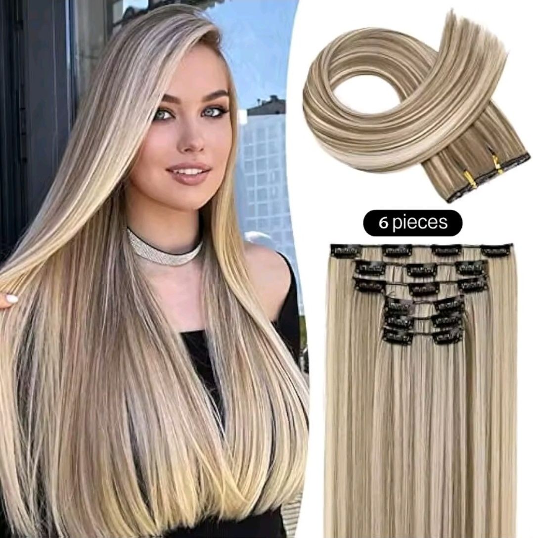 Doczepiane włosy clip-in 60cm 6 taśm blond balejaż jak naturalne