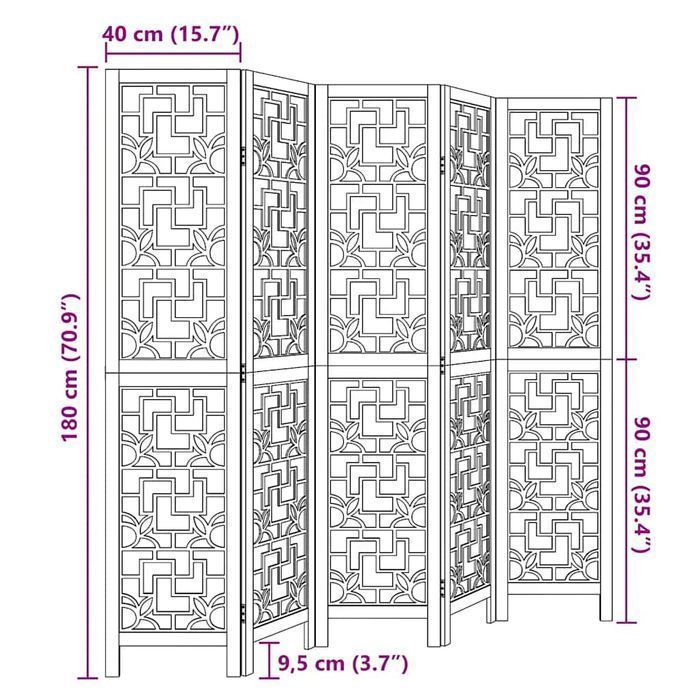 vidaXL Parawan pokojowy, 5-panelowy, brązowy, lite drewno paulowni