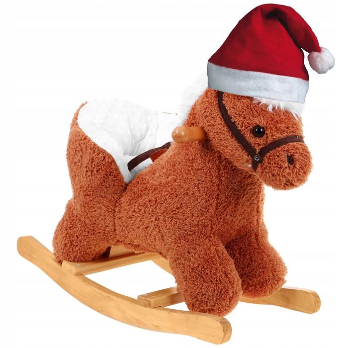 Miękki koń bujany z fotelikiem 12m+ brąz + czapeczka