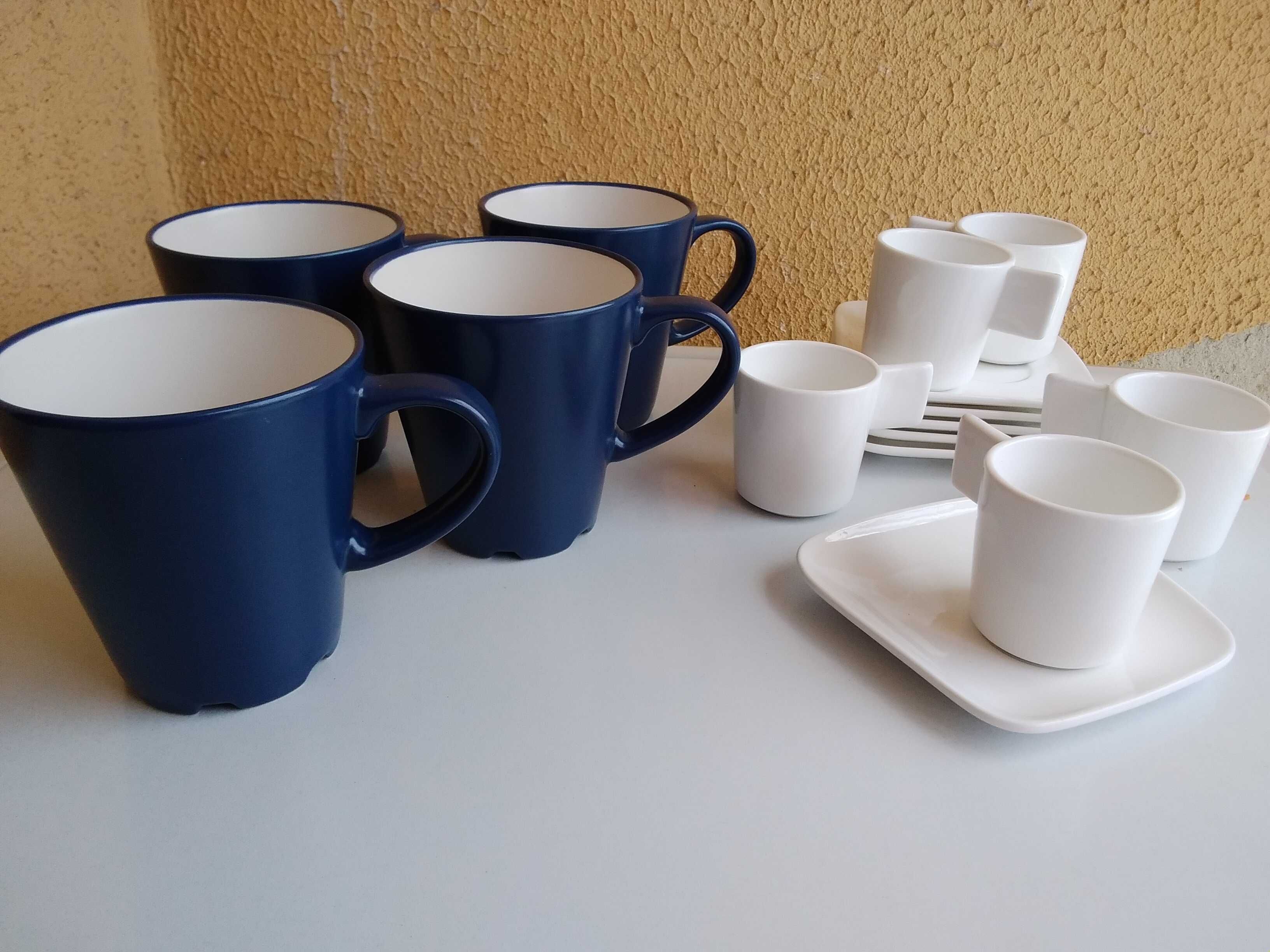 5 chávenas café c/ pires brancas / 4 canecas IKEA azuis, cd conj. 5€