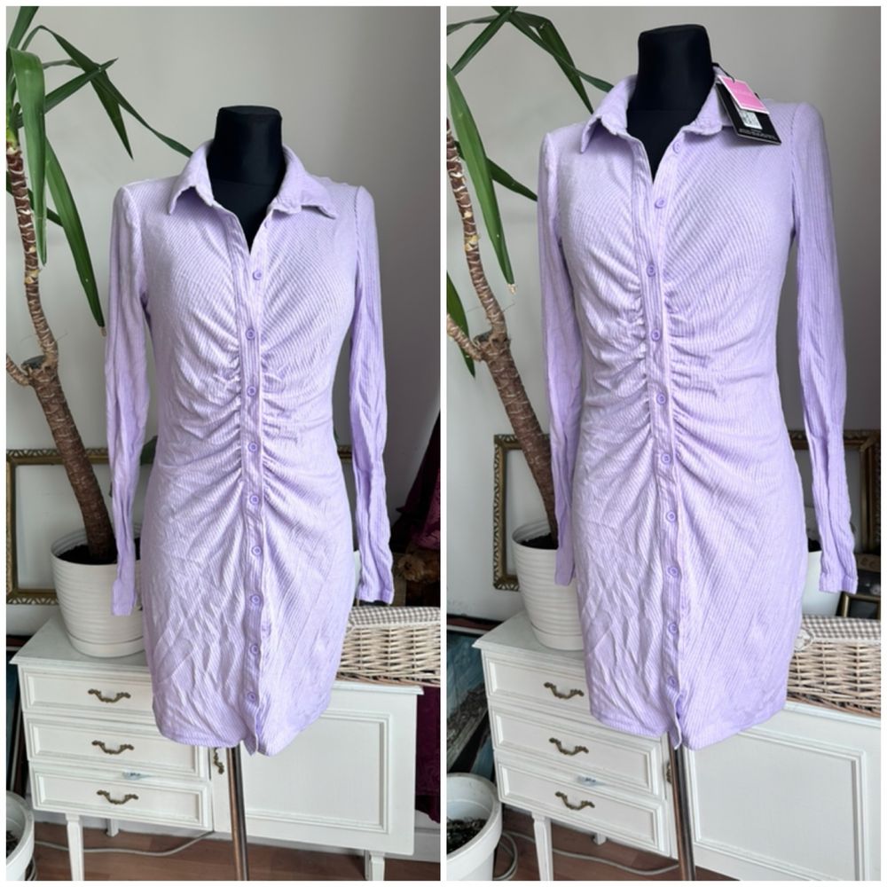 Fioletowa koszulowa sukienka mini prążkowana drapowana 38 M L 40
