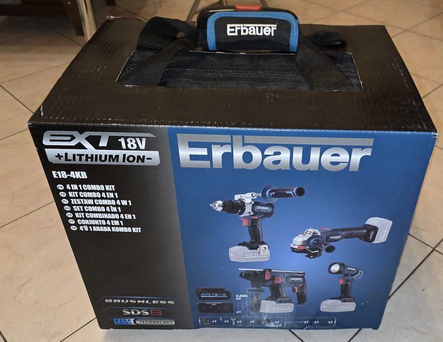 Erbauer - Zakrętarka, młotowiertarka, szlifierka, latarka, 3x aku 4 Ah