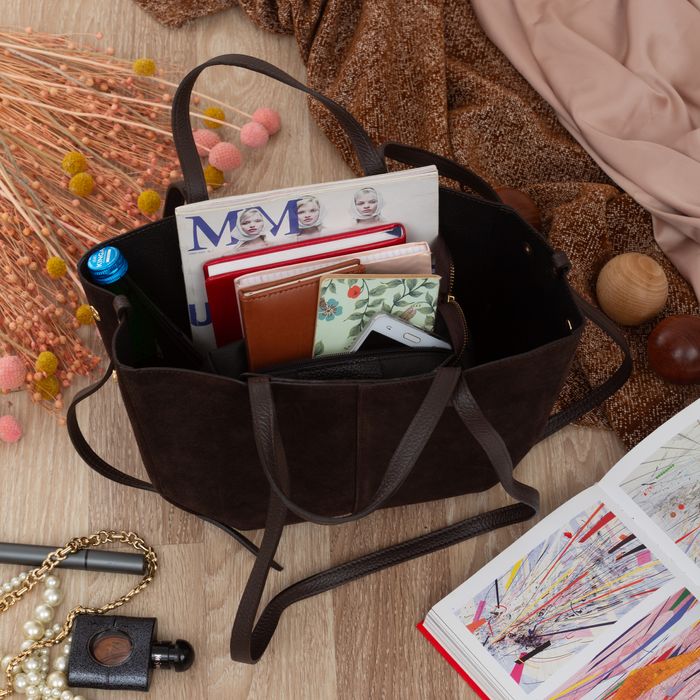 VERA PELLE torebka zamszowa shopper mała rozpinana V686 c.brązowa