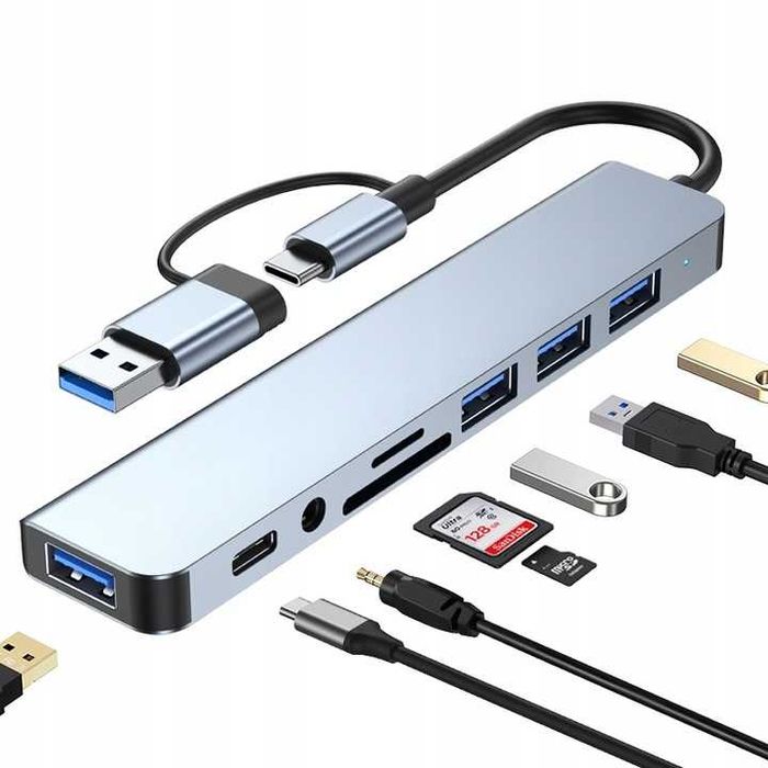 Hub adapter USB-C 8w1 – przejściówka, czytnik USB 3.0, audio