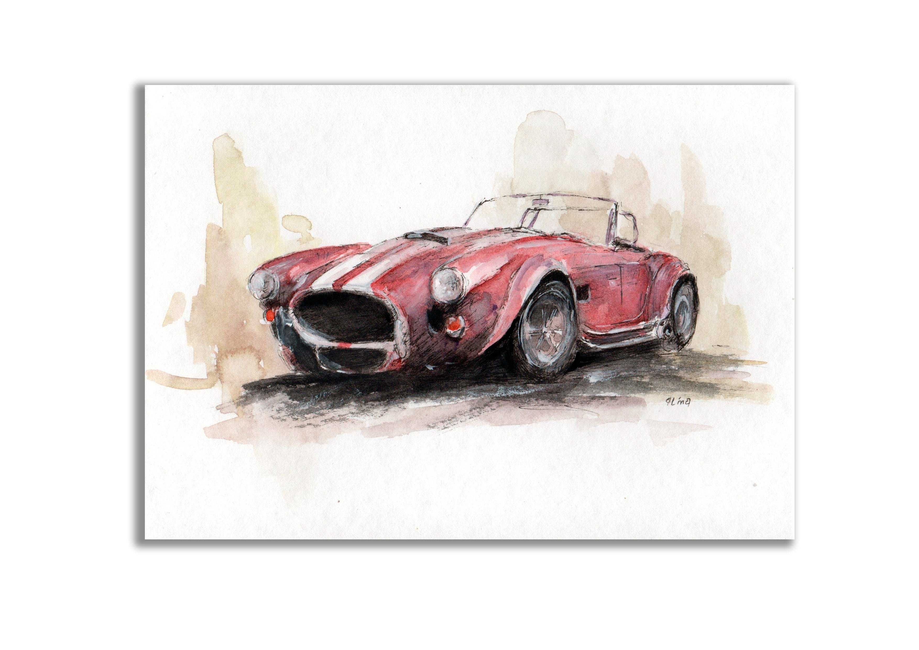 Akwarela ręcznie malowana  samochód AC Cobra + rama