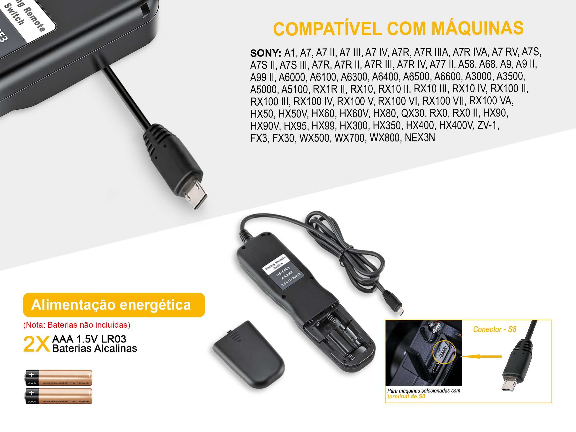 Temporizador disparador de controlo remoto para Sony (Conexão S8)