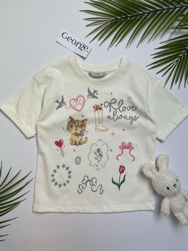 104-110 George bawełniana koszulka tshirt bluzka kot kotek nadruk love