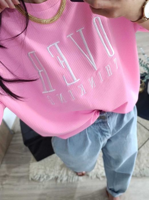 NOWY t-shirt oversize landrynkowy róż 34 XS