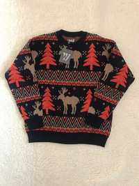 Granatowy świąteczny sweter męski, bluza czerwone wzory Wólczanka