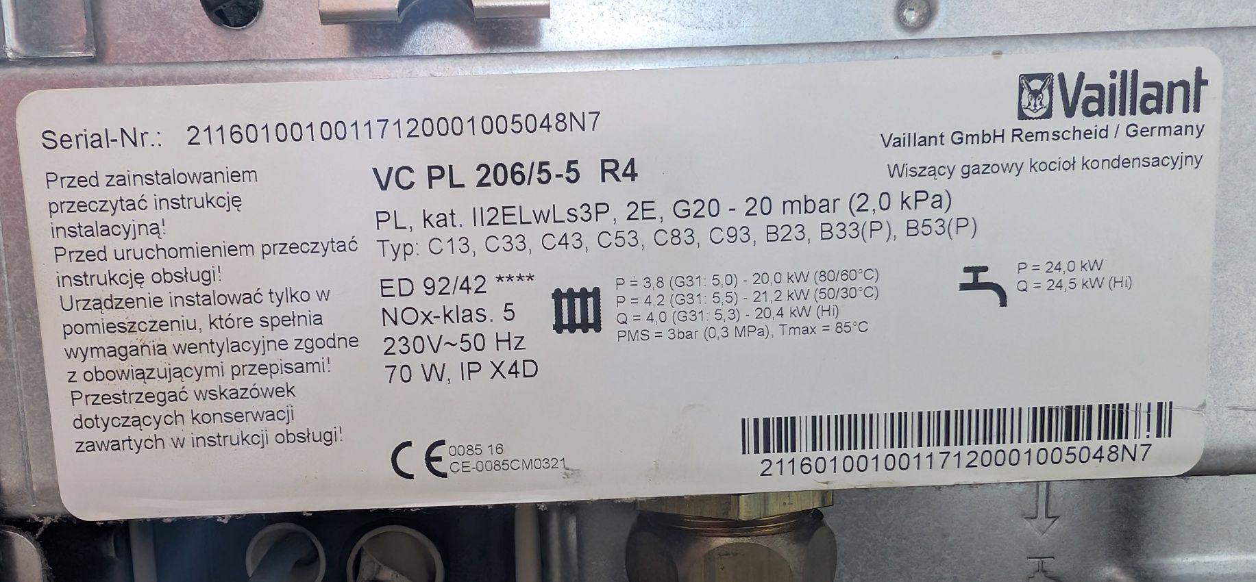 Kocioł gazowy jednofunkcyjny Vaillant VC PL 206/5-5 R4 24kw