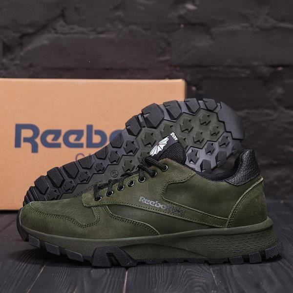 Стильные мужские кроссовки Reebok зеленые, кожаные кроссы