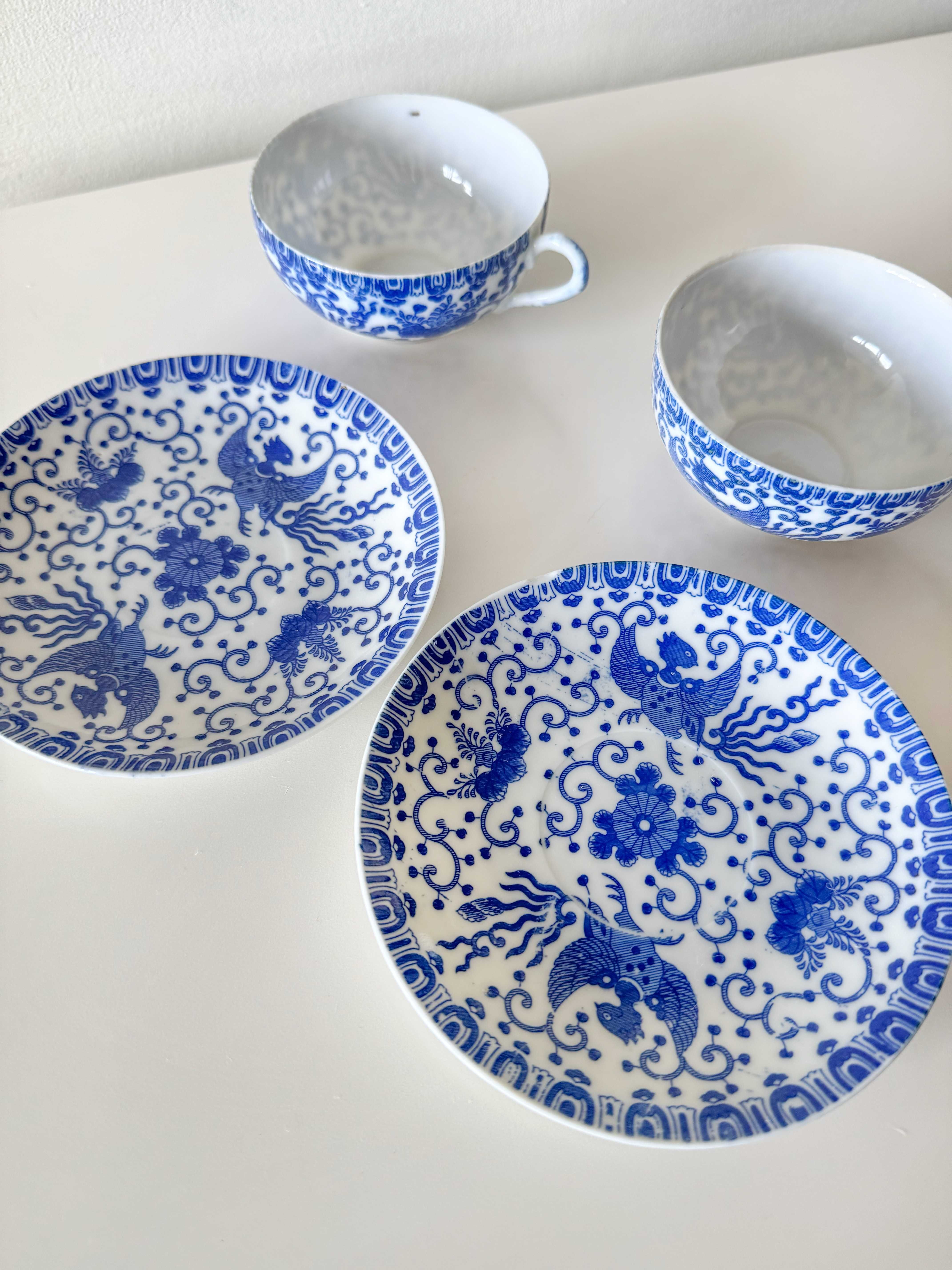 2 Filiżanki ze Spodkiem Japoński Zestaw Porcelany Ryżowej "Phoenix"