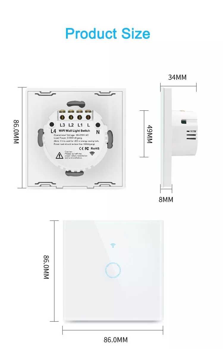 Interruptor Touch de Luz Wi-Fi + RF Branco (4 Teclas)