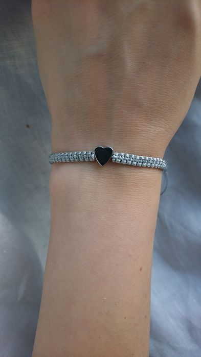 Bransoletka sznurkowa szara pleciona makrama serce Hematyt srebrny