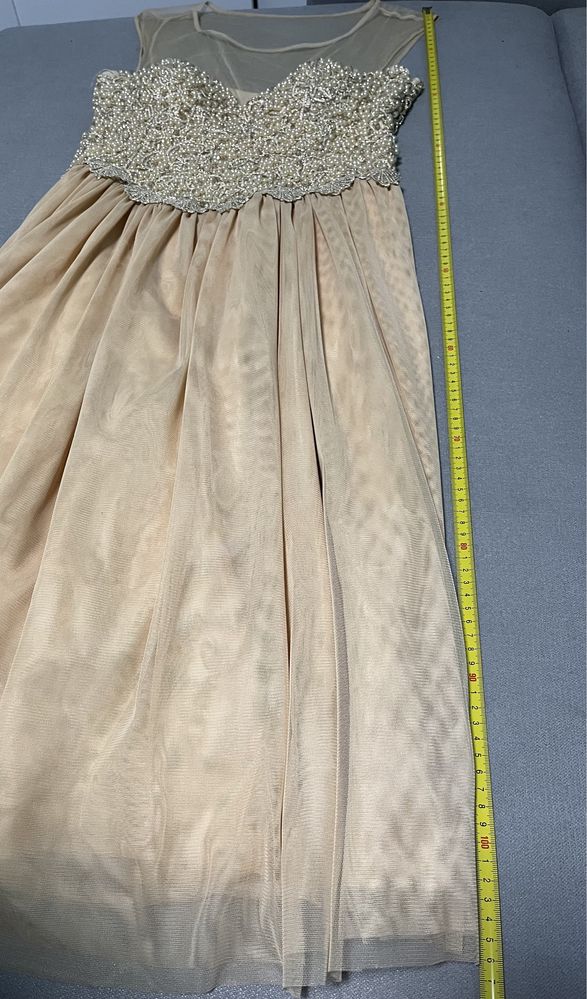 Złota beżowa tiulowa sukienka rozkloszowana na wesele balowa roz 42