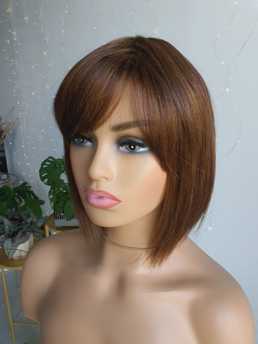 Peruka z włosów naturalnych w 100% bob z grzywka mix brąz Erin
