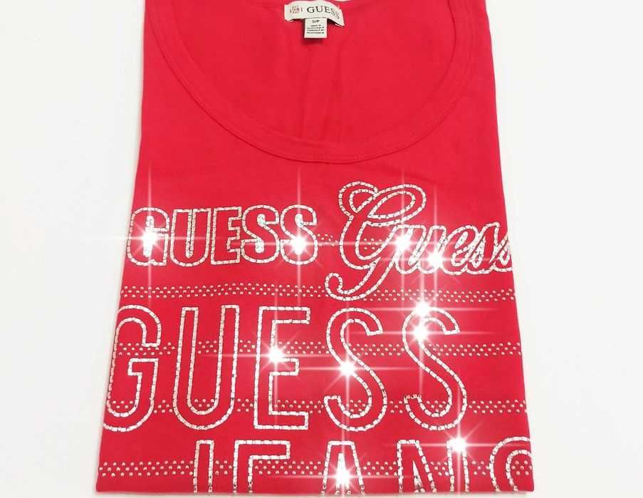 GUESS Oryginalna! Koszulka T-Shirt Bluzka Czerwona Srebrna Diamenciki