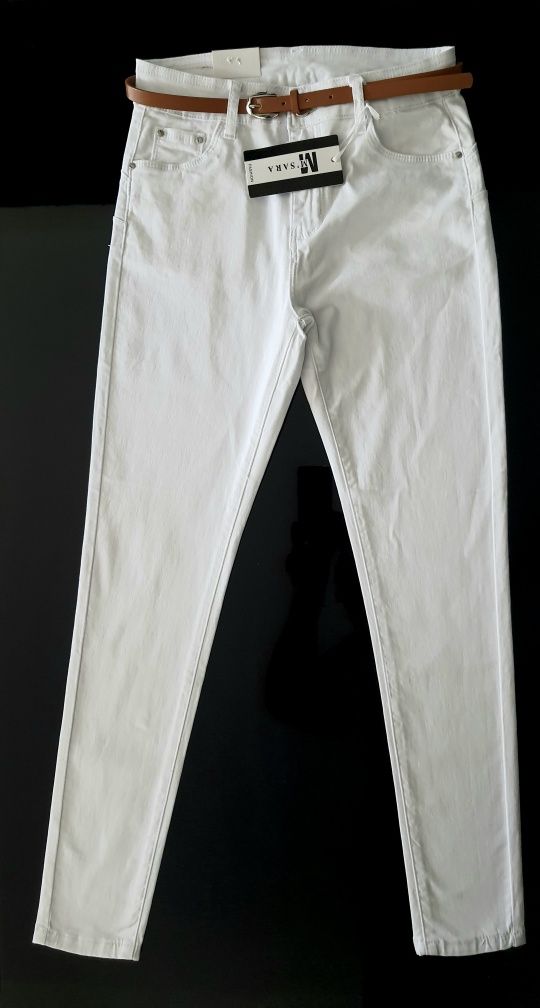 Spodnie białe wysoki stan z paseczkiem