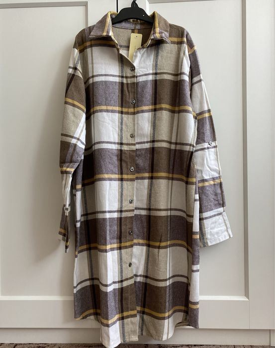 Sukienka koszulowa M oversize w kratkę brazowa