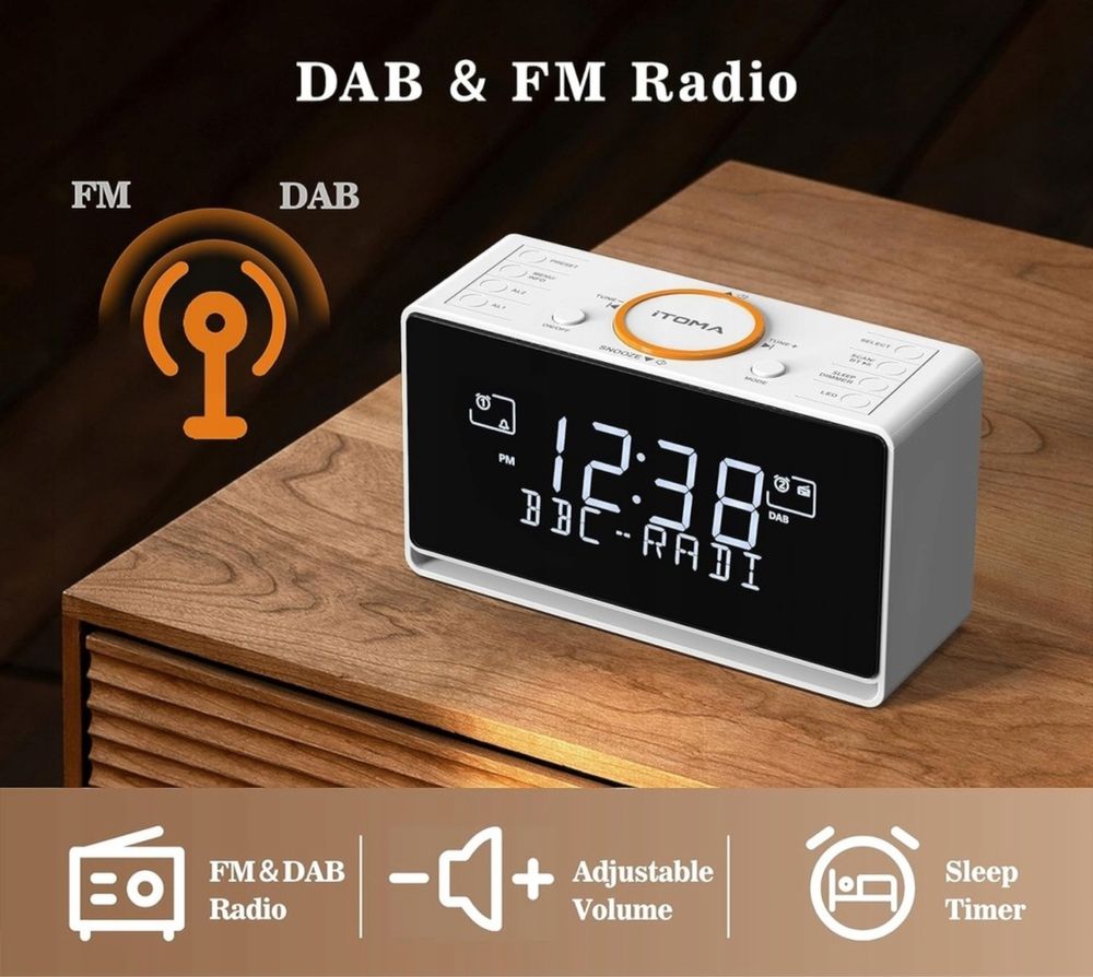 iTOMA Budzik Radio DAB i FM z 40 zaprogramowanymi stacjami, ładowarka