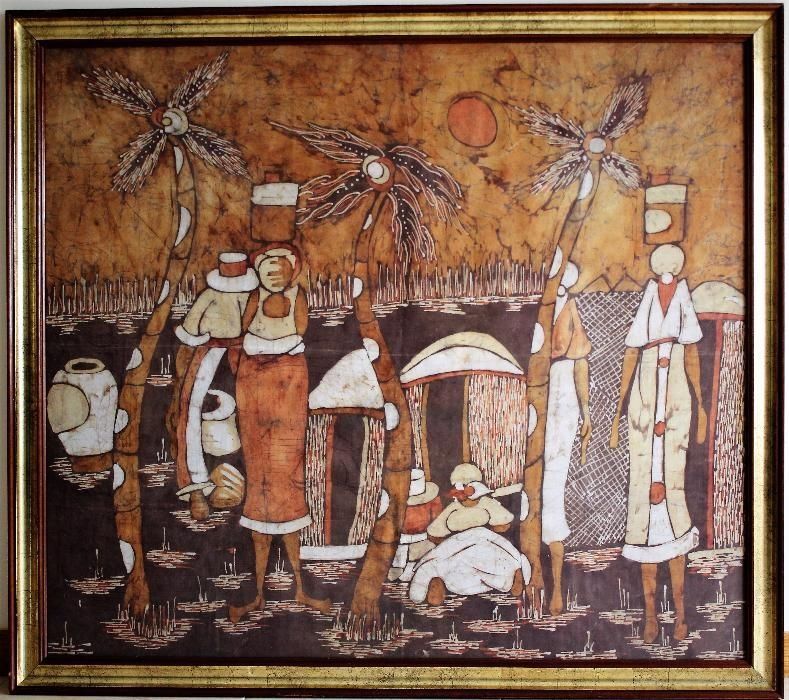 Arte africana: interessante Batik emoldurado, originário de Moçambique