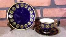 Porcelana LICHTE TURYNGIA, TRIO Kobaltowe, Filiżanki Kobaltowe,Złocone