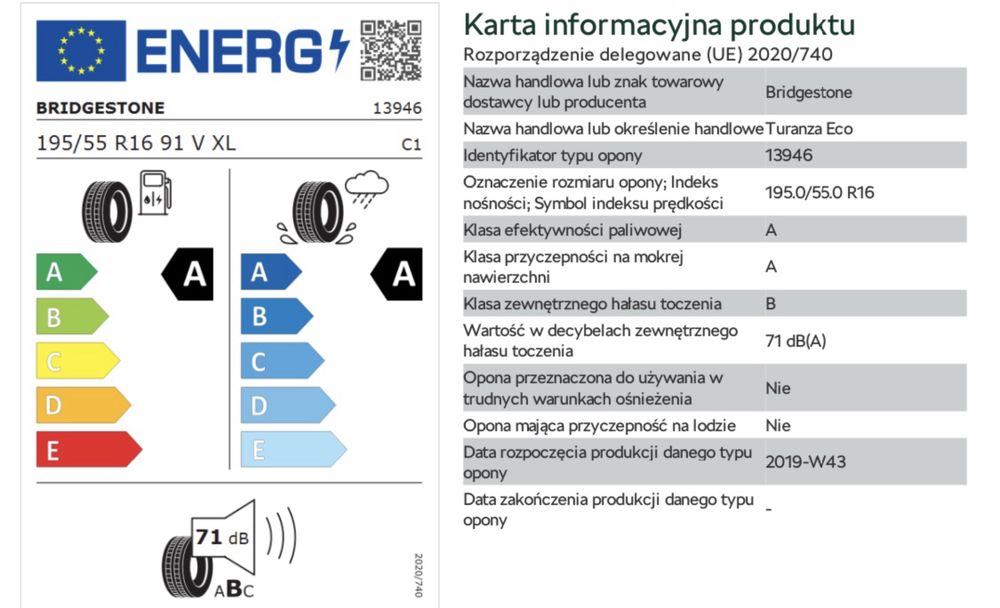 Letnie Bridgestone Turanza Eco 195/55/R16, A/A/B, 1000km przejechane