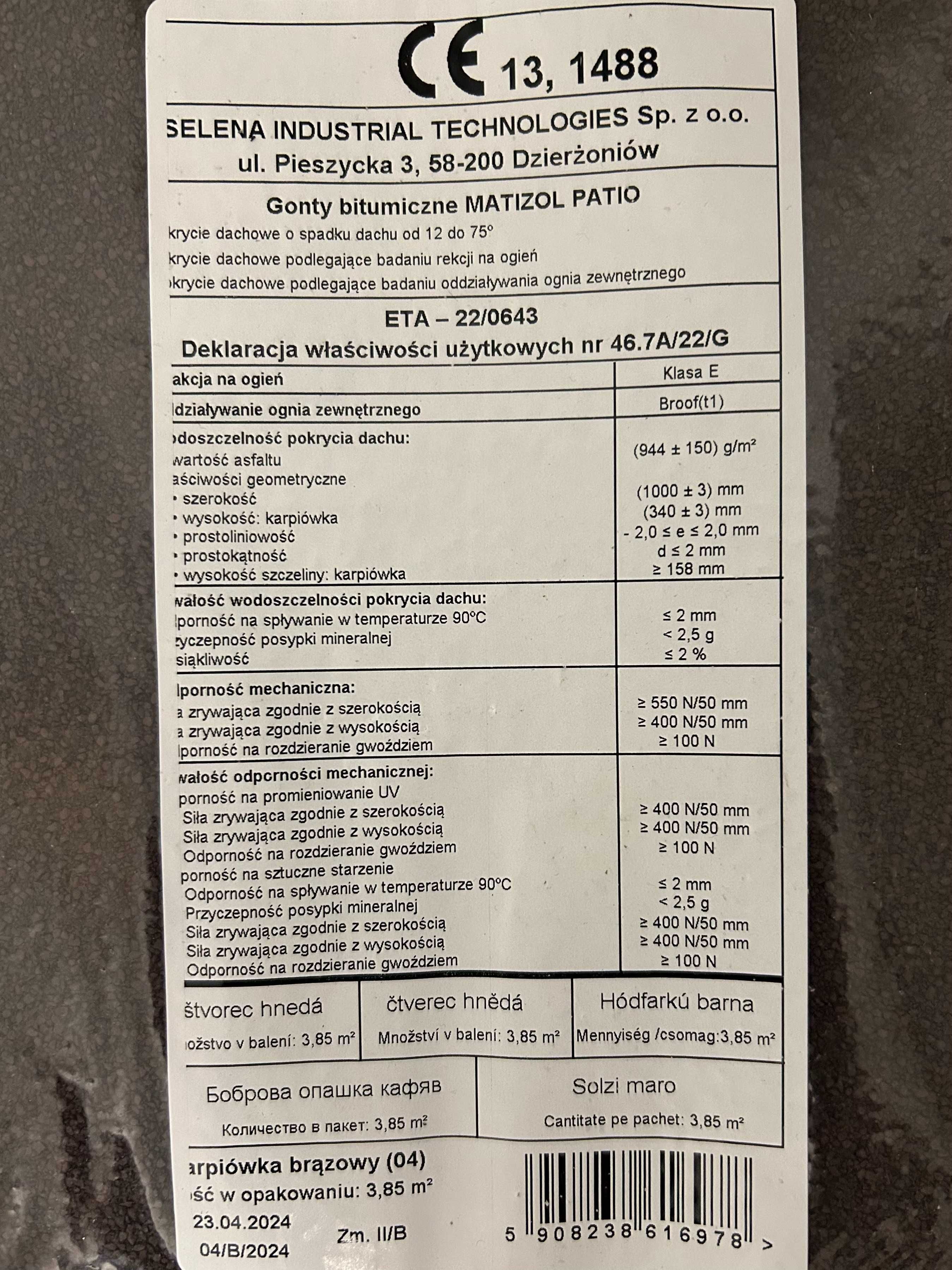 Gont bitumiczny Patio Karpiówka brązowy Selena Matizol 7 x 3.85 m