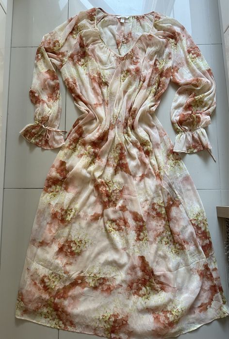 Sukienka maxi H&M w kwiaty rozmiar M beżowo-brązowa halka