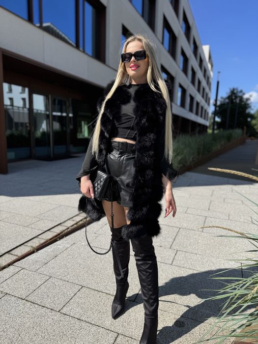 Kamizelka rzędowa z lisa czarnego s/m nowa naturalne futro długa new