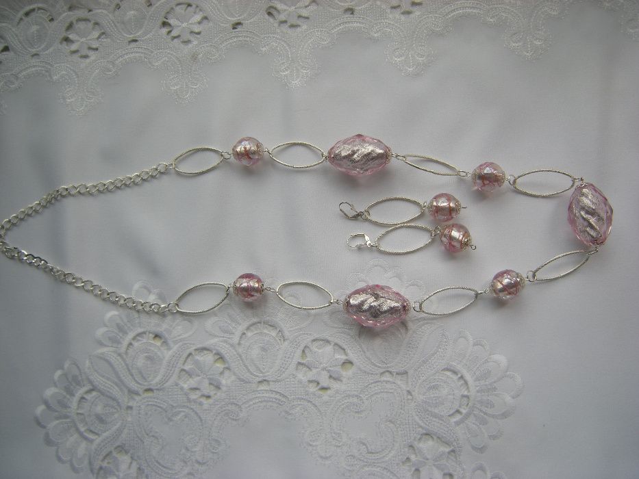 Perłowy róż -długi naszyjnik i kolczyki duży akryl i szkło weneckie