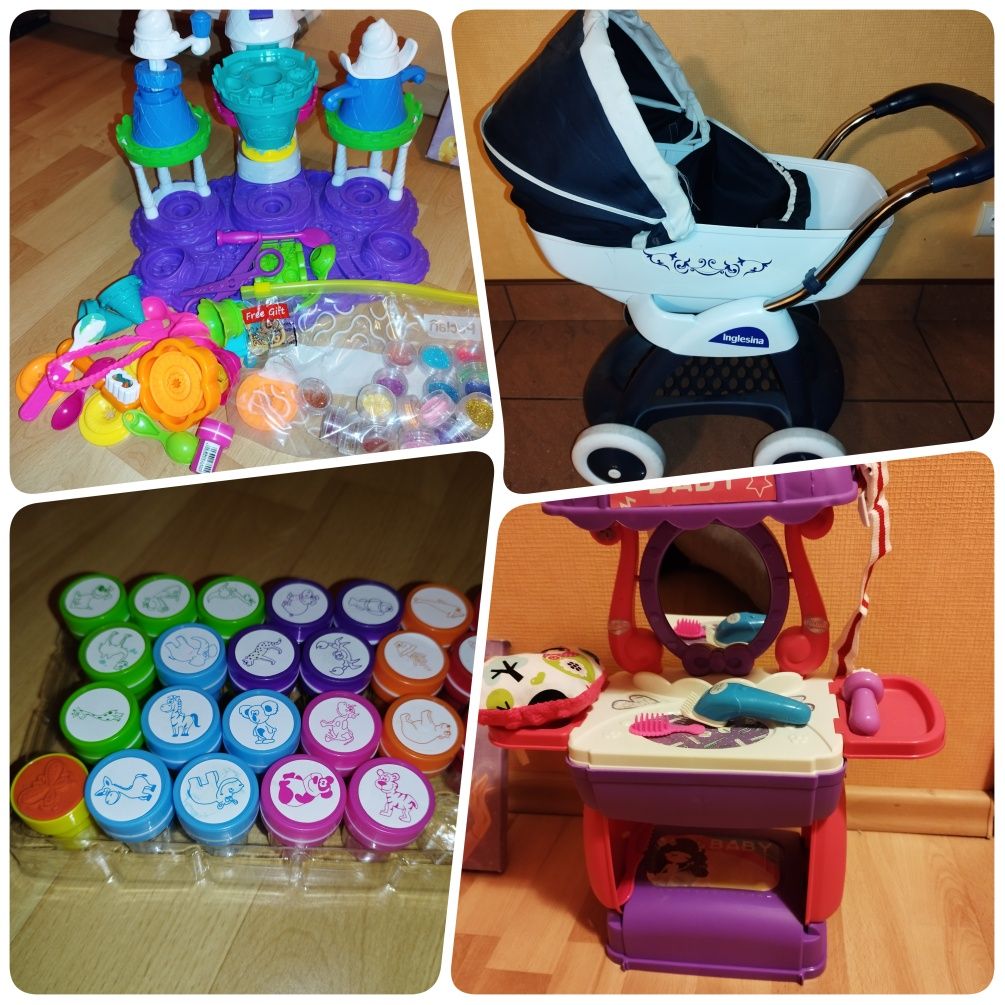 Zabawki dla dziewczynki: wózek, pieczątki, lodziarnia, toaletka