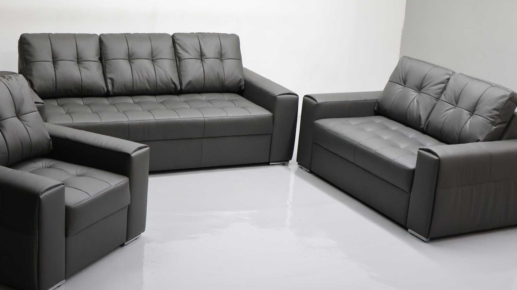 KOMPLET 3+2+1 sofy kanapy zestaw popielata SKÓRA naturalna 6492 w