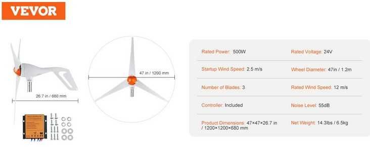 Gerador de turbina eólica VEVOR 500W, kit de turbina eólica de 24V