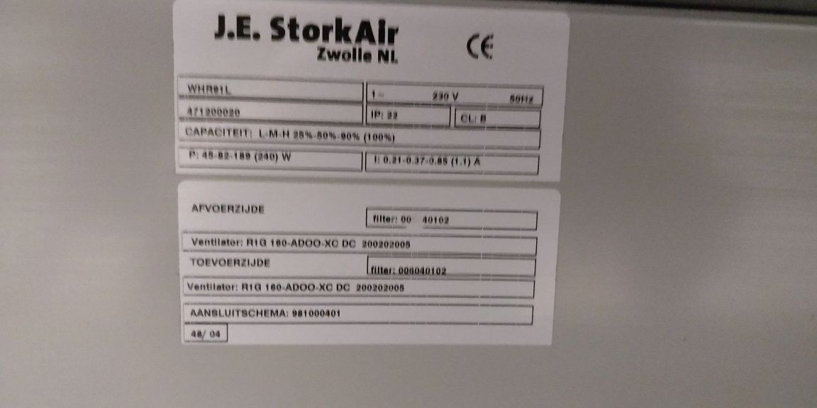 Rekuperator  J.E. StorkAir Zehnder comfoair whr90, whr91