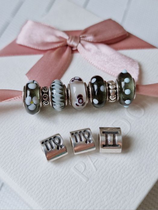 Contas da Pandora Signo Gémeos e Virgem, Flores, Corações Muranos